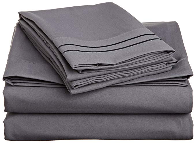 Cathay Home Luxury Soft Microfiber Sheet Set with Embroidered Pillow Cases, Queen, Deep Grey
