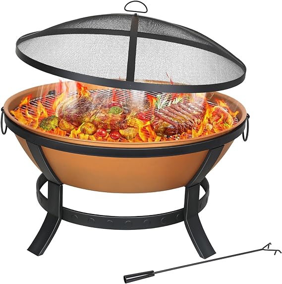 Hykolity 35" Large Size 2 in 1 Outdoor Fire Pit with Grill, Heavy Duty Steel Wood Burning Firepalce, Fire Bowl with Copper Finish for Bonfire Patio Backyard