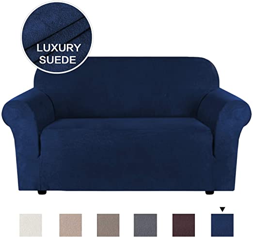 H.VERSAILTEX Stretch Couch Cover Loveseat Covers for 2 Cushion Couch Loveseat Slipcover Suede Form Fit Stylish Furniture Covers Water Repellent Machine Washable (Loveseat 48"-68", Navy Blue)