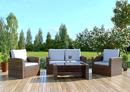 Abreo Brown Rattan Garden Furniture Sofa Set Wicker Weave 4 Seater Patio Conservatory Luxury