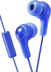 Blue GUMY in Ear Earbuds with Stay fit Ear Tips and MIC. Wired 3.3ft Colored Cord Cable with Headphone Jack. Small, Medium, and Large Ear tip earpieces Included. JVC GUMY HAFX7MA, one Size