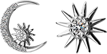 Crystal Star Crescent Moon Stud Earrings S925 Sterling Silver Dainty Clear CZ Diamond Sun Asymmetrical Ear Studs Piercing Earring Delicate Jewelry Gifts for Women Girls Sensitive Ears