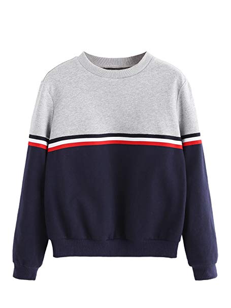 Romwe Womens Color Block Round Neck Long Sleeve Pullover Striped Sweatshirt Top