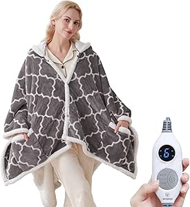 Westinghouse Heated Throw Blanket Wearable Shawl, Electric Wrap Poncho Blanket Hoodie with 6 Heating Levels & 2-10 Hours Time Settings, Winter Gifts for Mom Girlfriend Grandma, 50x60 Inch, Grey