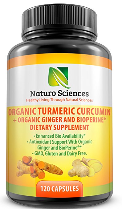 Naturo Sciences Organic Turmeric Curcumin with BioPerine and Ginger Powder (120 Capsules) –Natural, Healthy Dietary Supplement with Enhanced Bioavailability – Antioxidant and Joint Support
