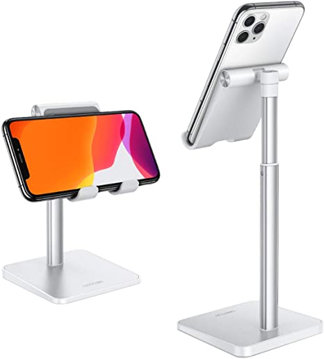 OMOTON Cell Phone Stand, Adjustable Angle Height Desk Phone Dock Holder for iPhone SE 2/11 / 11 Pro/XS Max/XR, Samsung Galaxy S20 / S10 / S9 / S8 and Other Phones (3.5-7.0-Inch), Silver