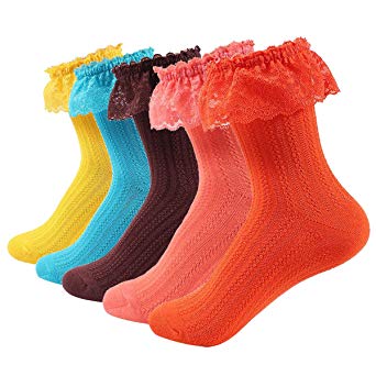 Fitu Women's Vintage Ruffle Frilly Cute Rayon Bamboo Boot Socks 5 Pairs Pack