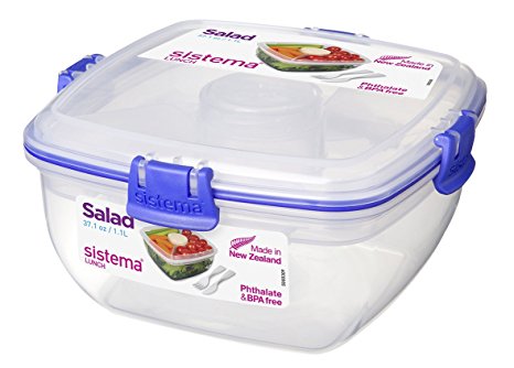 Sistema To Go Salad with Dressing Pot and Cutlery, 1 L - Clear/ Dark Blue