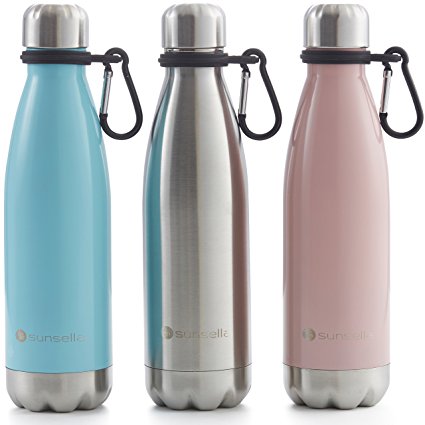 Vacuum Insulated Stainless Steel Water Bottle With Carrier Clip – Leakproof Double Wall - 17 Ounce – Drinks 24 Hour HOT and COLD. By Sunsella (Light Blue)