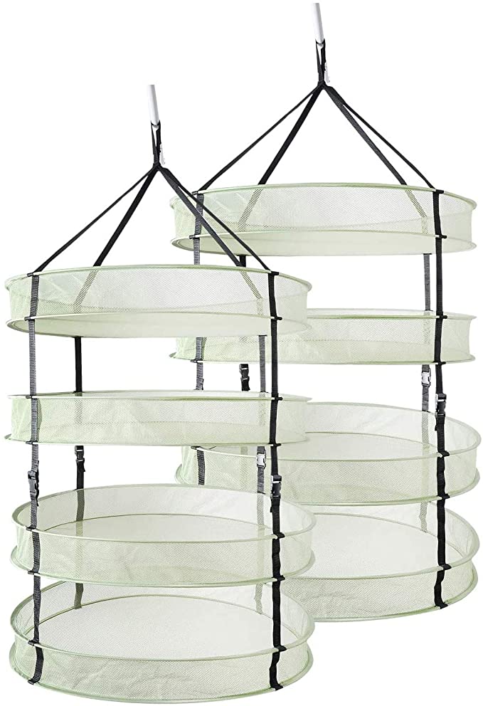 iPower 2-Pack 2ft 4Layer Mesh Herb Rack Hanging Dry Net with Foldable Rings Collapsible Hydroponic Plant Bud, Free Storage Bag, Green