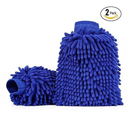 Car Wash Mitts (2-pack), iTavah Premium Microfiber Chenille Super Absorbent Wash and Wax Glove (Blue)