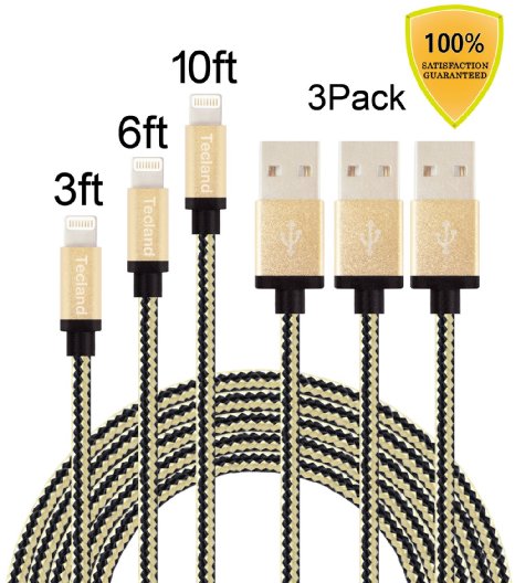 Tecland 3 Pack [3FT,6FT,10FT] iphone 8pin Nylon Braided lightning cords to USB Cable for iPhone 6s, 6s plus, 6plus, 6,5s 5c 5,iPad Mini, Air,iPad5,iPod. [Black &gold]