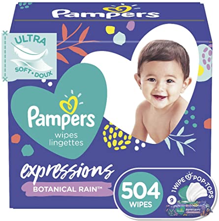 Baby Wipes, Pampers Expressions Baby Diaper Wipes, Hypoallergenic, Botanical Rain Scent, 9X Pop-Top Packs, 504 Count