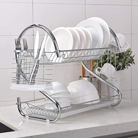 2 Tier Dish Drying Rack with Drain Board CERCHIO Dish Rack with Utensil Holder, Cutting Board Holder and Dish Drainer for Kitchen Chrome Organizer