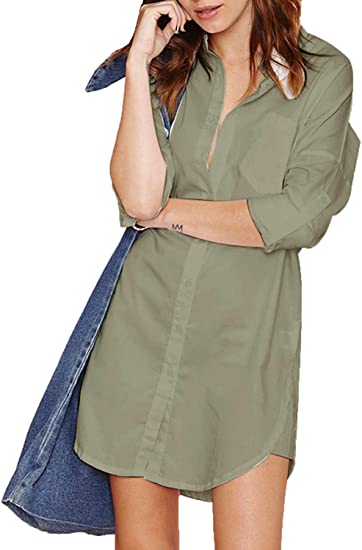 HAOYIHUI Women's Casual Long Sleeve Boyfriend Pocket Shirt Dress Tunic Top