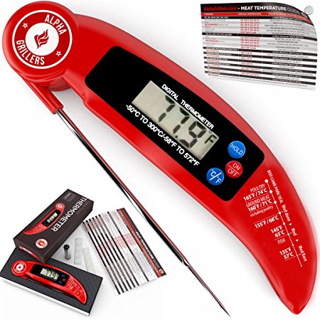 Instant Read BBQ Meat Thermometer For Grill And Cooking. Sold In Elegant Gift Box. Best Ultra Fast Digital Food Probe. Includes Internal Meat Temperature Guide. By Alpha Grillers
