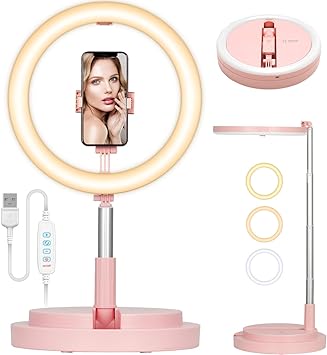 TARION LED Selfie Ring Light - Ring Light with Stand and Phone Holder Cold Shoe Mount, 11.8" Foldable Circle Light, 3 Lighting Modes x 10 Brightness Levels, Adjustable Height from 12.9" to 66.5", Pink