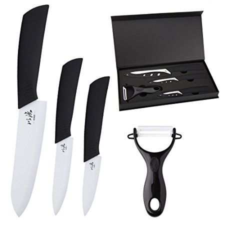 icxox Ceramic Knife Set 6 Inch Chef Knife & 4 Inch Fruit Knife & 3 Inch Paring Knife & Peeler (4 Piece, White Blade)
