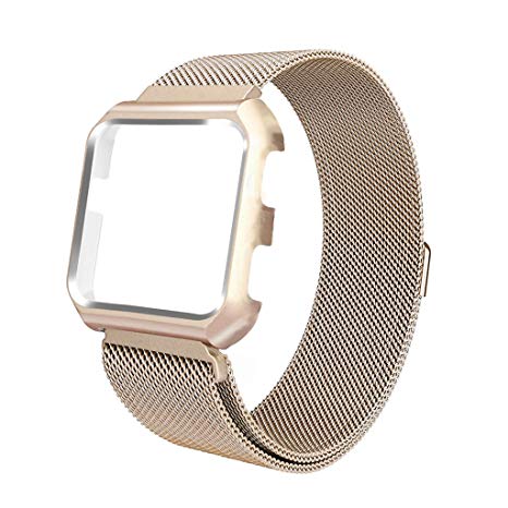 iTerk for Fitbit Versa Bands with Frame,Milanese Mesh Loop Stainless Steel Metal Replacement Wristband Bracelet Strap Magnetic Buckle Protective Case Bumper