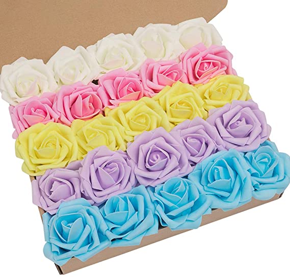 N&T NIETING Artificial Flowers Roses, 25pcs Real Touch Artificial Foam Roses with Steams for Baby Shower, Cake Decoration DIY, Wedding Bridal Bouquets Centerpieces, Party Decoration (Mixed Color-U)