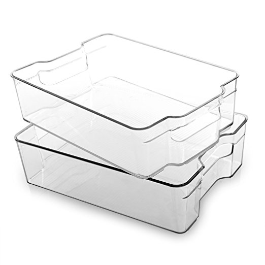 BINO Stackable Rectangular Plastic Storage Organizer Bin, Large - 2 PACK - Clear and Transparent Nesting Container for Home and Kitchen