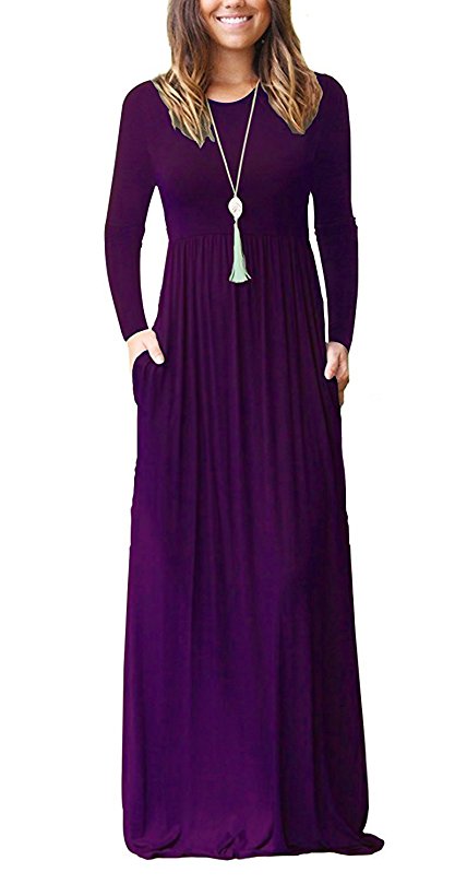 ThusFar Women's Solid Plain Long Sleeve Round Neck Long Tunic Maxi Dress with Pocket