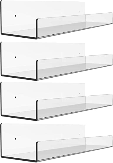 4 Pack Clear Acrylic Floating Wall Ledge Shelf,15" Invisible Wall Mounted Nursery Kids Floating Bookshelf for Kids Room,U Modern Picture Ledge Display Toy Storage Wall Shelf,Clear by Cq acrylic