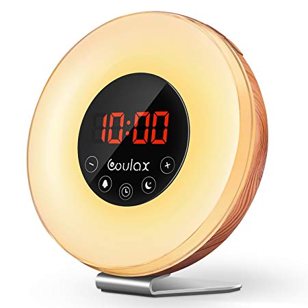 COULAX Wood Wake Up Light with Sunrise Sunset Simulation,7 Colored LED Lights, 6 Natural Sounds, FM Radios,10 Brightness Levels,Snooze Function Alarm Clock with Adapter (Wood) (Wood)