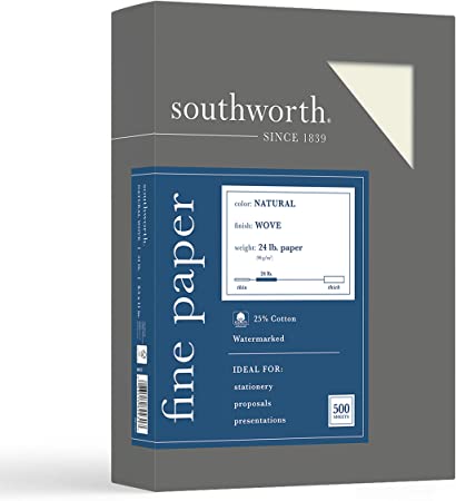 Southworth 25% Cotton Business Paper, 8.5” x 11", 24 lb/90 GSM, Wove Finish, Natural (Ivory), 500 Sheets - Packaging May Vary (404NC)