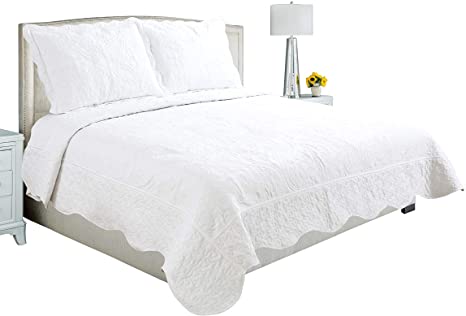 Marina Decoration Embroidered Coverlet Bedspread Ultra Soft 3 Piece Summer Quilt Set with 2 Quilted Shams, White Color King Size