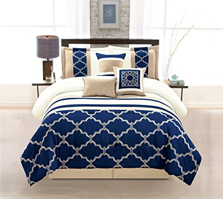 Fancy Collection 7-pc Embroidery Bedding Off White/ Ivory Taupe Navy Blue Comforter Set Daisy New (California King)
