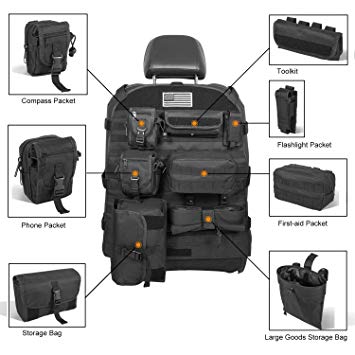 Opall Universal Front Seat Cover with Storage Bags Multi-Compartments Holder Pockets Molle Pouches Stuff Organizer for Jeep Wrangler JK JL Ford Toyota Jeep Cherokee (9 PCS)