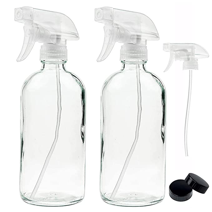 16oz Empty Clear Glass Spray Bottles with Mist and Stream Settings Trigger Sprayer-Refillable Container for Essential Oils, Cleaning Products, Aromatherapy, Plants, Kitchen, Hair(2 Pack) (Clear)