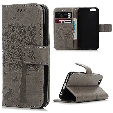 iPhone 6 Case,iPhone 6S Wallet Case, YOKIRIN [Wallet Case] Premium Soft PU Leather Notebook Wallet Embossed Flower Tree Design Case with [Kickstand] Stand Function Card Holder and ID Slot Slim Flip Protective Skin Cover for iPhone 6 ,iPhone 6S (4.7 inch), Gray
