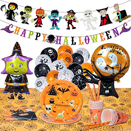 Halloween Party Decorations for Kids - Halloween Party Supplies Set - 91 Pieces(Serves 16) Includes Happy Halloween Banners Witch Balloons Tablecloth Plates Napkins Cups Straws