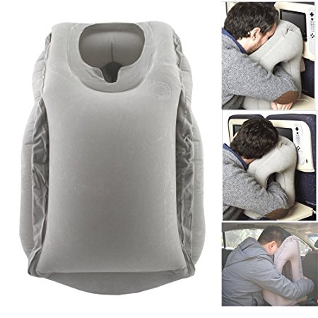 Inflatable Neck Travel Pillow, Concave Shape Tray Table, Support Head, Neck and Chin with Drawstring Bag - The Best Travel Pillow