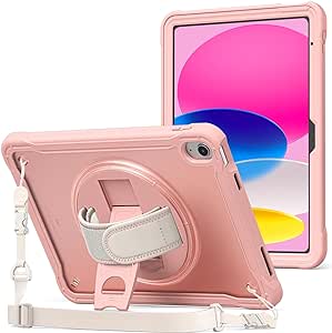 ProCase Rugged Case for iPad 10th Generation 10.9 Inch 2022, Heavy Duty Shockproof Rugged Cover with Hand Strap 360 Degree Rotatable Kickstand Protective for iPad 10.9 Case -Pink