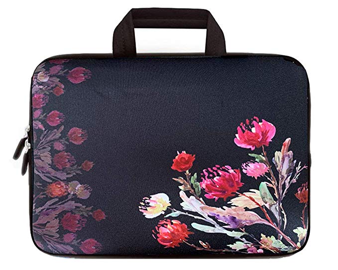 ICOLOR Red Flowers 11.6 12 Inch Laptop Carrying Protective Case Neoprene Sleeve Briefcase Pouch Bag Tote with Handle Fits 11.6 12 12.1 12.2 Inch Netbook/Notebook (IHB12-020)