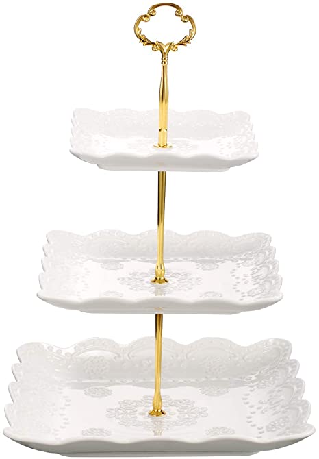 3-Tier Square Ceramic Cupcake Stand - Pure White Elegant Embossed Porcelain Dessert Display Cake Stand - For Birthday Weddings Tea Party White