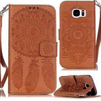 Galaxy S7 Edge Case, Acytime PU Leather Wallet Case Embossed Flower Flip Cover for Samsung Galaxy S7 Edge G9350 Brown
