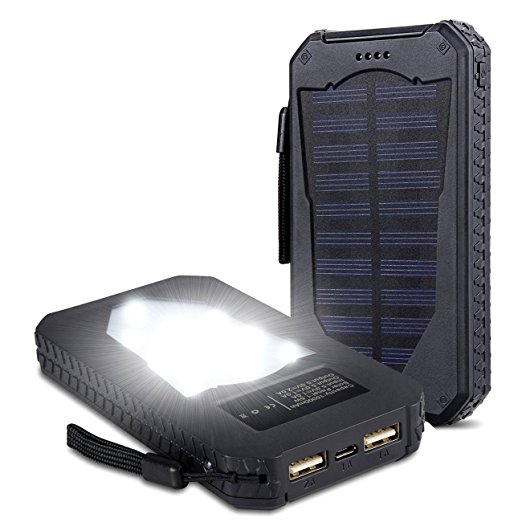 Foreverrise Solar Charger 15000mAh High Capacity Solar Panel Power Bank Portable Battery Pack Bright LED lights Dual USB Solar Battery Charger for Cell Phone,Tablet and othersUSB Devices(Black)