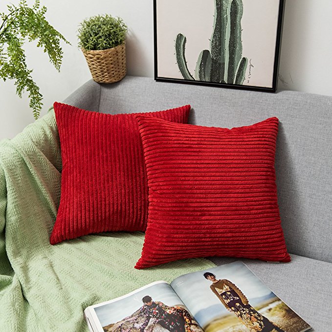 Jeanerlor Corduroy Velvet Solid Decorative Pillow Cover/Euro Sham/Cushion Sham Prime, Velvety and Durable Pillow Cases for Valentine's - 26"x26" (65 x 65 cm),Christmas Red,2 Packs