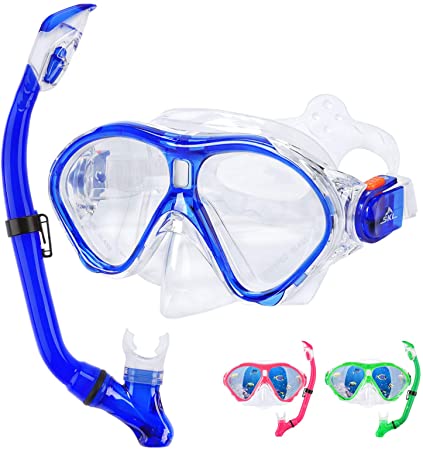 SKL Kids Snorkel Set Dry Top Snorkel Mask with Carrying Bag for Boys and Girls Youth Junior Age from 6-15 Years Old Child Snorkeling Gear Luminous