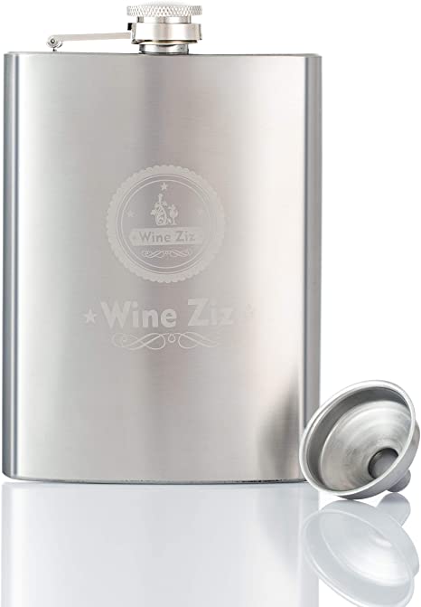 Wine Ziz Stainless Steel Hip Flask with Mess-Free Funnel, 8oz Leak-Proof Liquor Flask for Men and Women, Portable Mini Travel Alcohol Bottle for Whiskey, Vodka, Bourbon, Rum and More, (Silver)