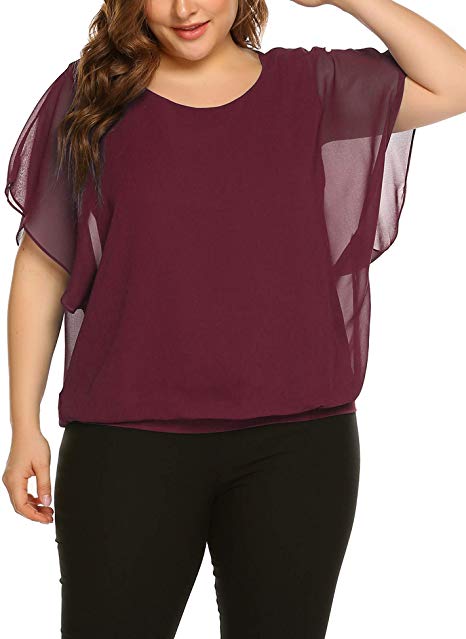 IN'VOLAND Plus Size Women Chiffon Blouse Batwing Sleeve Tops Scoop Neck Tunic Shirts