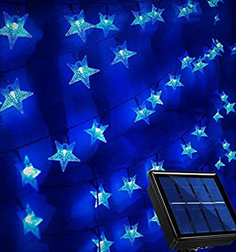 Blue Star Solar Lights,120 LED 8 Modes Outdoor Decor Star String Lights for Summer,Patio Umbrella,Camping,Wedding Party Decorations.