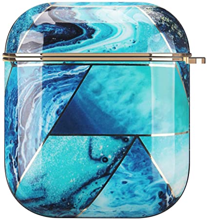 GOLINK Chrome Case for Airpods 1st/2nd, 360° Protective Stylish Marble Design for Airpods 1/2 Charging Case(Blue/Cyan Check)