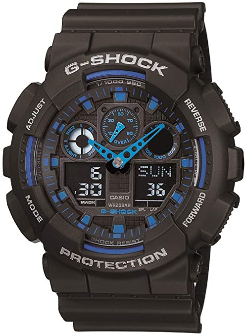 Casio Men's G XL Series Quartz Watch Strap, WR Shock Resistant Resin Color: Black and Blue (Model: GA-100-1A2CR)