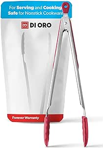 DI ORO Living Kitchen Tongs with Silicone Tips - 12" Tongs for Cooking 480°F High Heat-Resistant Utensil - Rubber Tongs for Nonstick Cookware - Tongs for Cooking with Silicone Tips (Red)