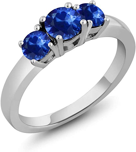 Gem Stone King 1.32 Ct Round Blue Sapphire 925 Sterling Silver 3-Stone Women's Ring (Available 5,6,7,8,9)